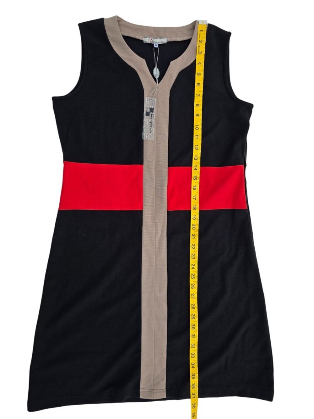 Variations Women's Sleeveless Colorblock Black/Red/Tan Shift Dress Size M Rayon